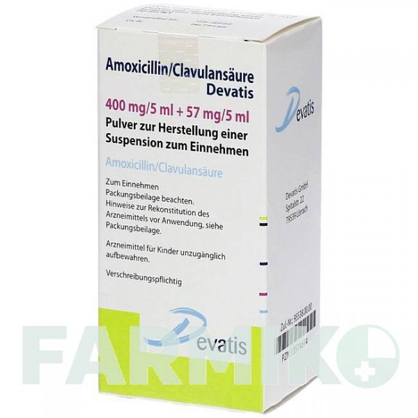 АМОКСИЦИЛІН (AMOXICILLIN) 400 мг/5 мл + 57 мг/5 мл порошок 70 мл - Амоксицилін, Інгібітори бета-лактамаз DEVATIS
