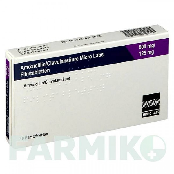 АМОКСИЦИЛЛИН (AMOXICILLIN) 500 мг/125 мг таблетки 10 шт - Амоксициллин, Ингибиторы бета-лактамаз MICRO LABS