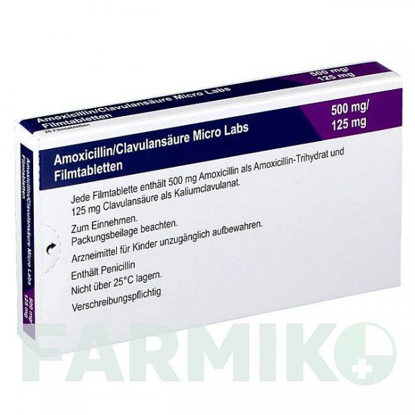 АМОКСИЦИЛЛИН (AMOXICILLIN) 500 мг/125 мг таблетки 20 шт - Амоксициллин, Ингибиторы бета-лактамаз MICRO LABS