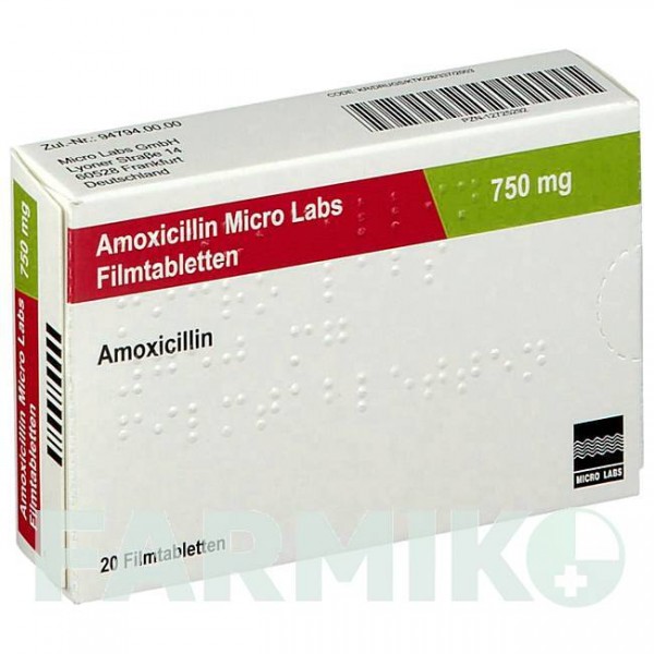 АМОКСИЦИЛЛИН (AMOXICILLIN) 750 мг таблетки 20 шт - Амоксициллин MICRO LABS