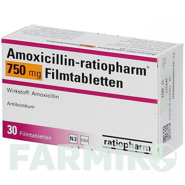 АМОКСИЦИЛІН (AMOXICILLIN) 750 мг таблетки 30 шт - Амоксицилін RATIOPHARM