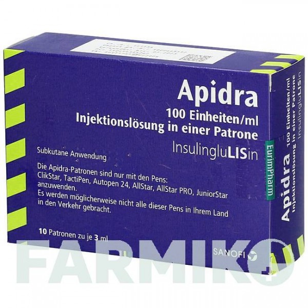 ЭПАЙДРА (APIDRA) 100 ЕД/мл картриджи 10x3 мл - Инсулин глулизин EURIMPHARM