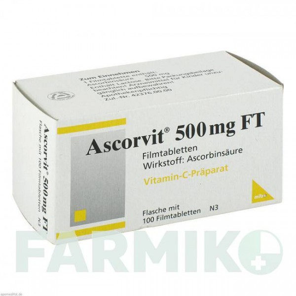 АСКОРВИТ (ASCORVIT) 500 мг таблетки 100 шт - Витамин C (Аскорбиновая кислота) AXICORP PHARMA