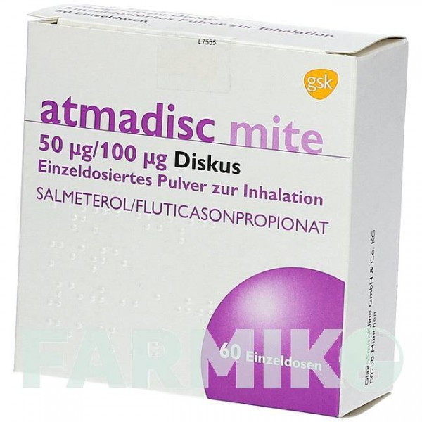 АТМАДИСК (ATMADISC) 50 мкг/100 мкг порошок 60 шт - Сальметерол, Флутиказон GLAXOSMITHKLINE