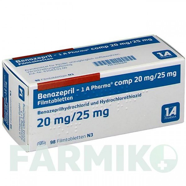 БЕНАЗЕПРИЛ (BENAZEPRIL) 20/25 мг таблетки 98 шт - Беназеприл, Гідрохлоротіазид 1 A PHARMA