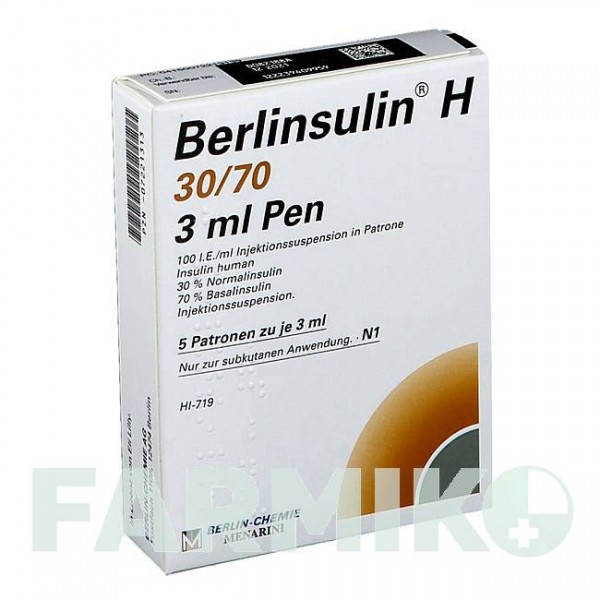 БЕРЛИНСУЛИН (BERLINSULIN) 30/70 суспензия 5x3 мл - Инсулин (человеческий) BERLIN-CHEMIE