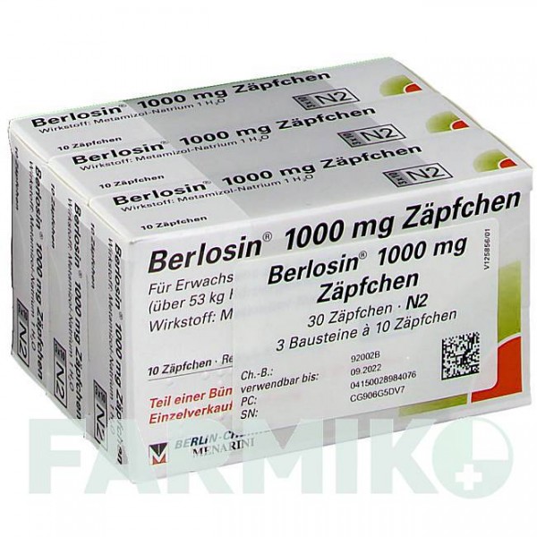 БЕРЛОЗИН (BERLOSIN) 1000 мг супозиторії 30 шт - Метамізол натрію BERLIN-CHEMIE
