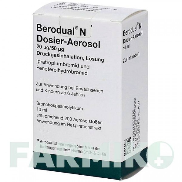 БЕРОДУАЛ (BERODUAL) 20 мкг/50 мкг аерозоль 10 мл - Фенотерол, Іпратропію бромід 1 0 1 CAREFARM