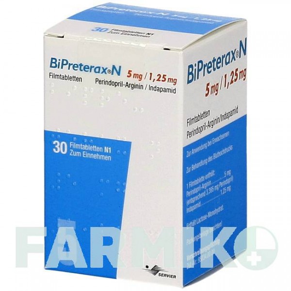БІПРЕТЕРАКС (BIPRETERAX) 5 мг/1,25 мг таблетки 30 шт - Периндоприл, Індапамід BB FARMA
