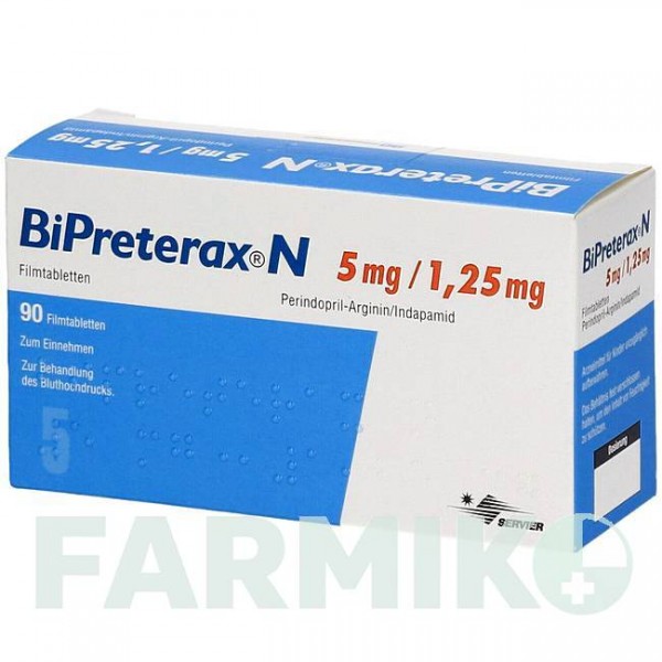 БІПРЕТЕРАКС (BIPRETERAX) 5 мг/1,25 мг таблетки 90 шт - Периндоприл, Індапамід CC PHARMA