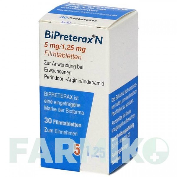 БИПРЕТЕРАКС (BIPRETERAX) 5 мг/1,25 мг таблетки 30 шт - Периндоприл, Индапамид KOHLPHARMA
