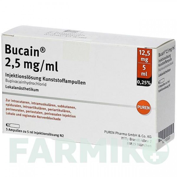 БУКАЇН (BUCAIN) 0,25% 2,5 мг/мл 12,5 мг/5 мл розчин 5x5 мл - Бупівакаїн PUREN PHARMA