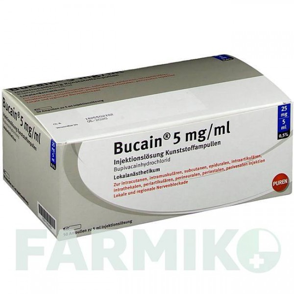 БУКАЇН (BUCAIN) 0,5% 5 мг/мл 25 мг/5 мл розчин 50x5 мл - Бупівакаїн PUREN PHARMA