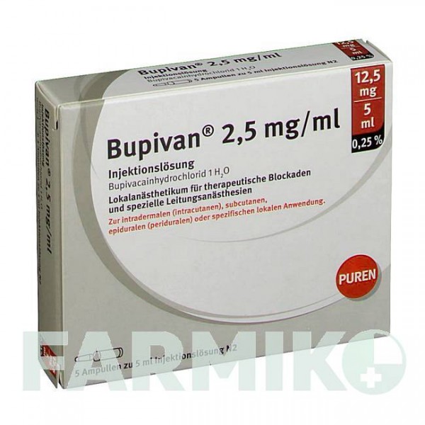 БУПИВАН (BUPIVAN) 0,25% 2,5 мг/мл 12,5 мг/5 мл раствор 5x5 мл - Бупивакаин PUREN PHARMA