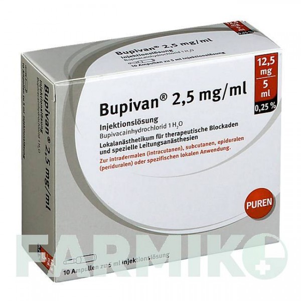 БУПИВАН (BUPIVAN) 0,25% 2,5 мг/мл 12,5 мг/5 мл раствор 10x5 мл - Бупивакаин PUREN PHARMA