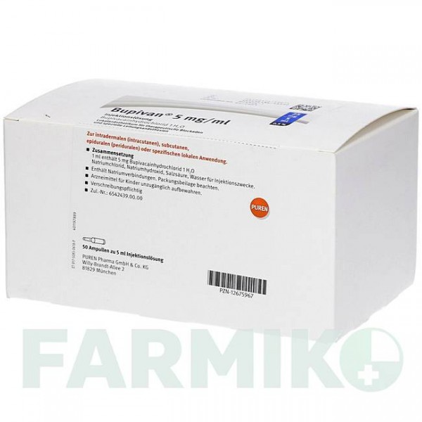 БУПИВАН (BUPIVAN) 0,5% 5 мг/мл 25 мг/5 мл раствор 50x5 мл - Бупивакаин PUREN PHARMA