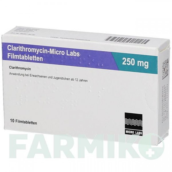 КЛАРИТРОМІЦИН (CLARITHROMYCIN) 250 мг таблетки 10 шт - Кларитроміцин MICRO LABS