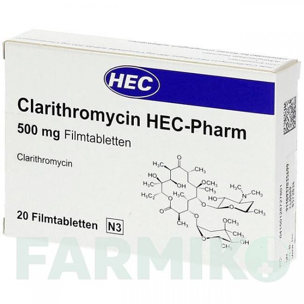 КЛАРИТРОМІЦИН (CLARITHROMYCIN) 500 мг таблетки 20 шт - Кларитроміцин HEC PHARM