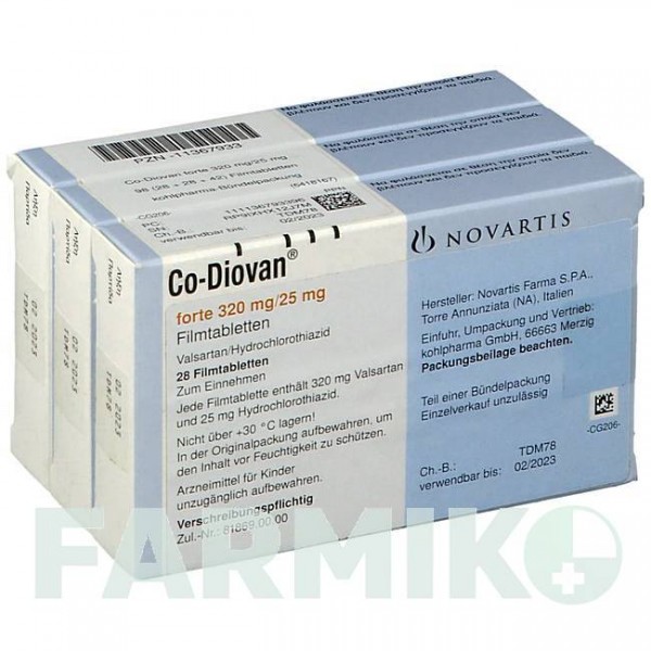КОДІОВАН (CODIOVAN) 320 мг/25 мг таблетки 98 шт - Валсартан, Гідрохлоротіазид KOHLPHARMA