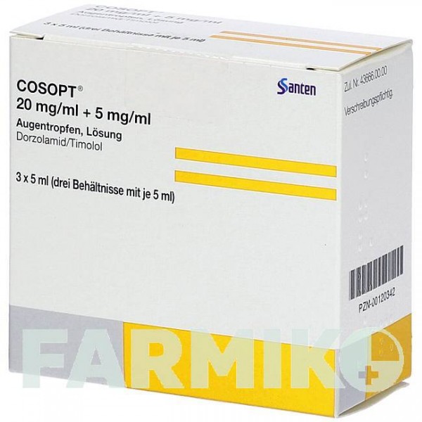 КОСОПТ (COSOPT) 20 мг/мл + 5 мг/мл краплі 3x5 мл - Тимолол, Дорзоламід SANTEN