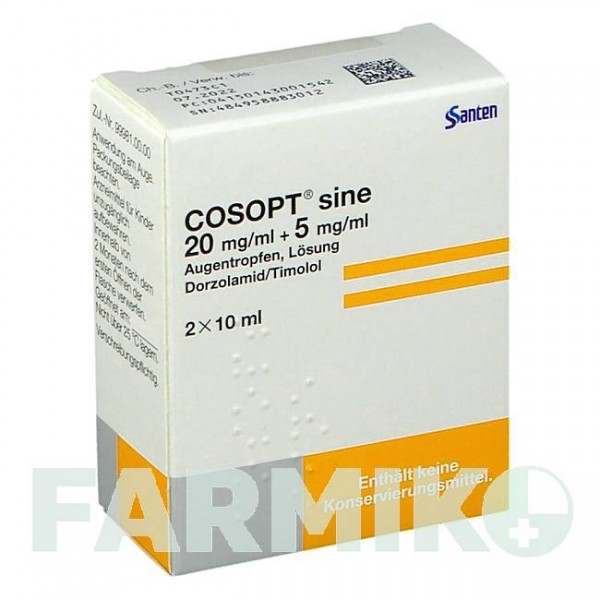 КОСОПТ (COSOPT) 20 мг/мл + 5 мг/мл капли 2x10 мл - Тимолол, Дорзоламид SANTEN