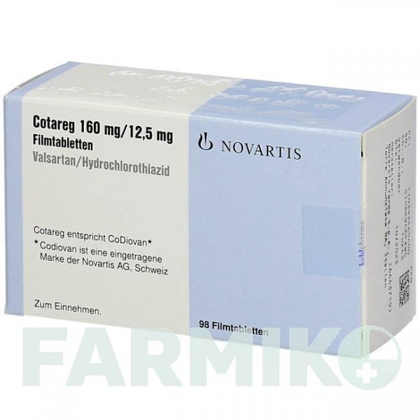 КОТАРЕГ (COTAREG) 160 мг/12,5 мг таблетки 98 шт - Валсартан, Гідрохлоротіазид KOHLPHARMA