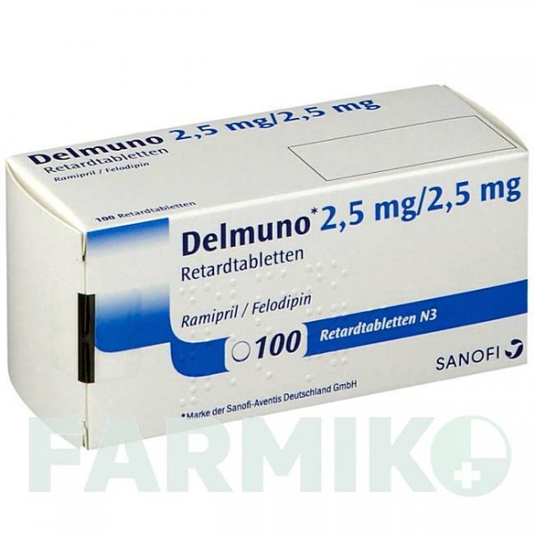 ДЕЛМУНО (DELMUNO) 2,5/2,5 мг таблетки 100 шт - Рамиприл, Фелодипин EMRA-MED