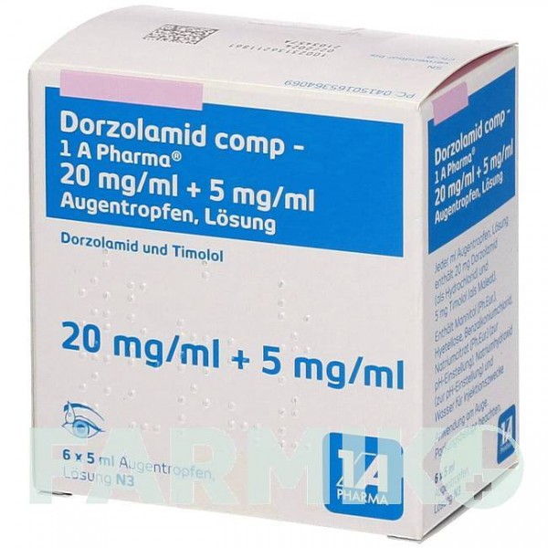 ДОРЗОЛАМІД (DORZOLAMID) 20 мг/мл + 5 мг/мл краплі 6x5 мл - Тимолол, Дорзоламід 1 A PHARMA