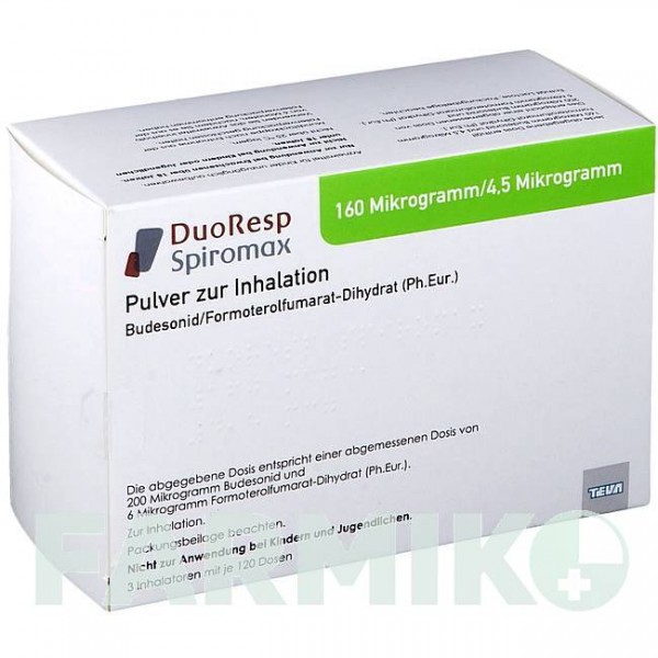 ДУОРЕСП (DUORESP) 160 мкг/4,5 мкг/доза 3 х 120 доз порошок 3 шт - Формотерол, Будесонід PB PHARMA