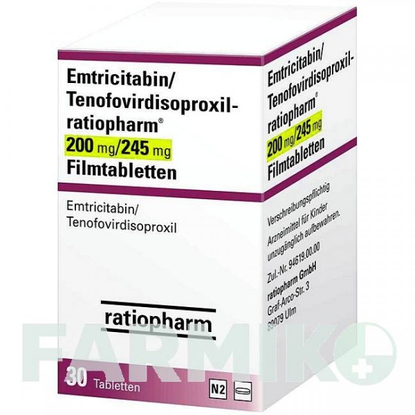 ЭМТРИЦИТАБИН (EMTRICITABIN) 200/245 мг таблетки 30 шт - Тенофовир, Эмтрицитабин RATIOPHARM