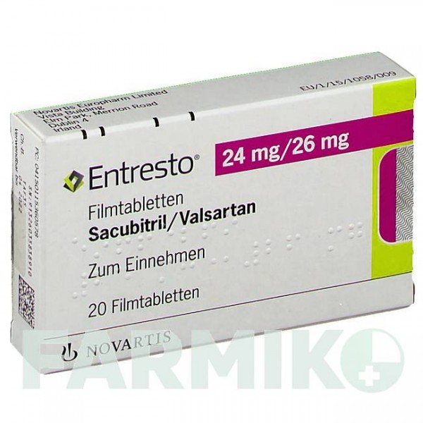 ЭНТРЕСТО (ENTRESTO) 24 мг/26 мг таблетки 20 шт - Валсартан, Сакубитрил NOVARTIS