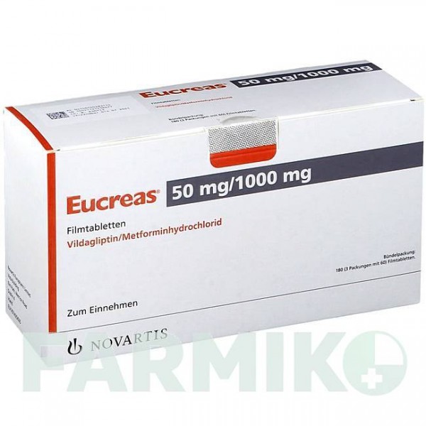ЭУКРЕАС (EUCREAS) 50 мг/1000 мг таблетки 3x60 шт - Метформин, Вилдаглиптин NOVARTIS