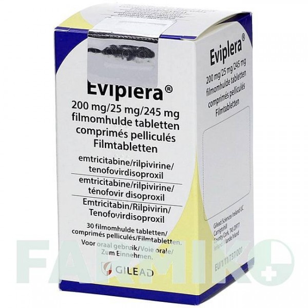 ЭВИПЛЕРА (EVIPLERA) 200 мг/25 мг/245 мг таблетки 30 шт - Эмтрицитабин, Тенофовир, Рилпивирин CC PHARMA