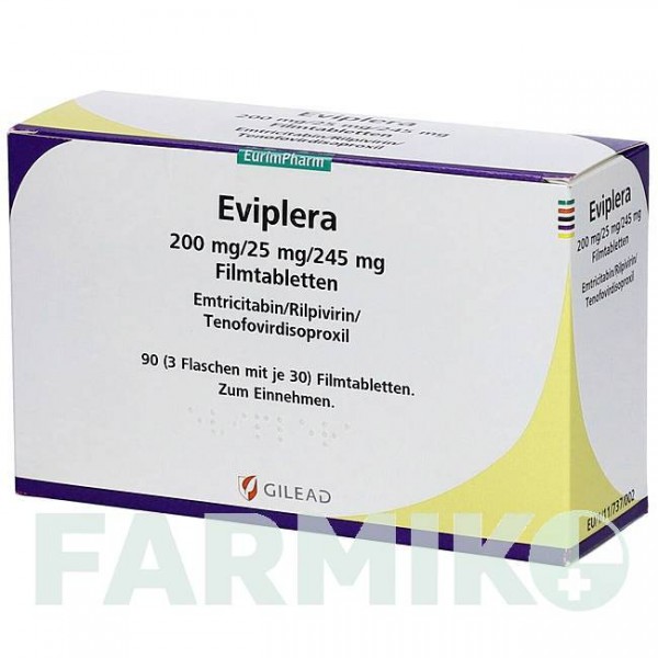 ЭВИПЛЕРА (EVIPLERA) 200 мг/25 мг/245 мг таблетки 30 шт - Эмтрицитабин, Тенофовир, Рилпивирин EURIMPHARM