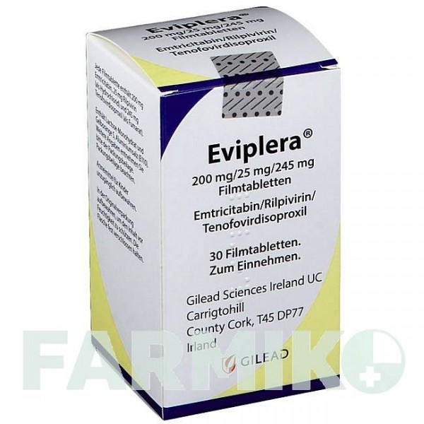 ЭВИПЛЕРА (EVIPLERA) 200 мг/25 мг/245 мг таблетки 30 шт - Эмтрицитабин, Тенофовир, Рилпивирин GILEAD SCIENCES