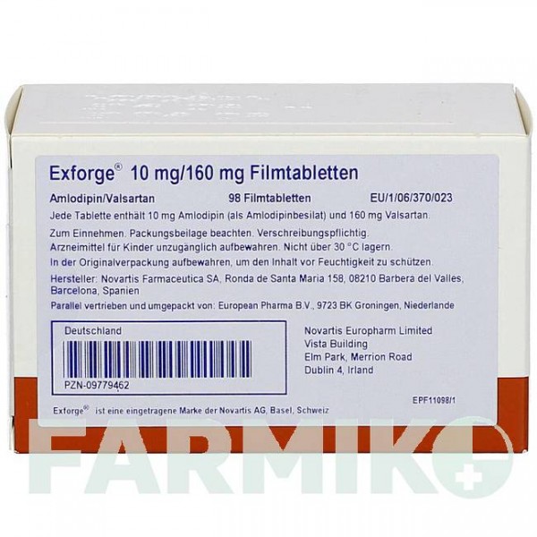 ЭКСФОРДЖ (EXFORGE) 10 мг/160 мг таблетки 98 шт - Валсартан, Амлодипин EUROPEAN PHARMA