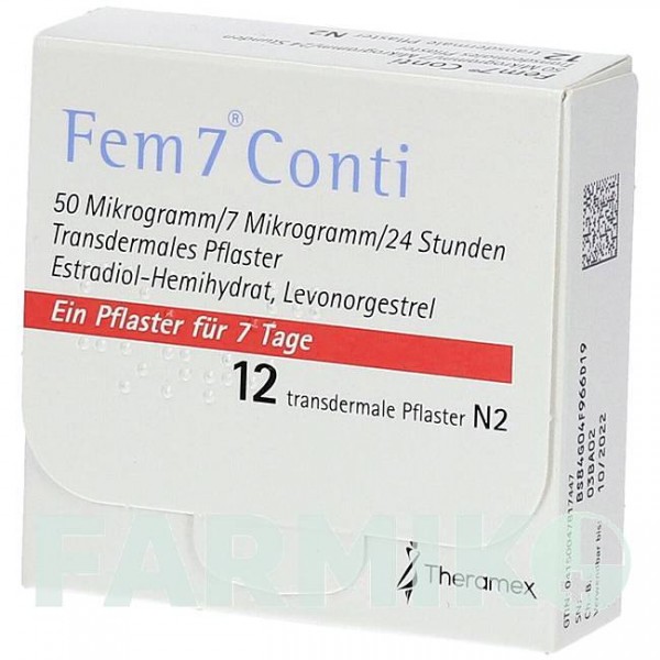ФЕМ7 (FEM7) 50 мкг/7 мкг/24 год пластир 12 шт - Левоноргестрел, Естроген THERAMEX