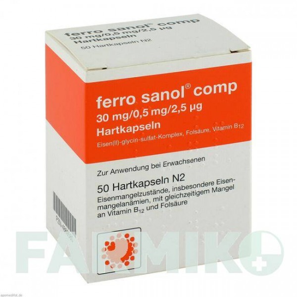 ФЕРРО САНОЛ (FERRO SANOL) капсулы 50 шт - Железо, Витамин B12 (Цианокобаламин), Фолиевая кислота UCB PHARMA