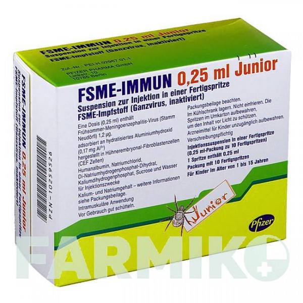ФСМЕ ИММУН (FSME IMMUN) 0,25 мл шприци 10 шт - Клещевой энцефалит инактивированный вирус PFIZER