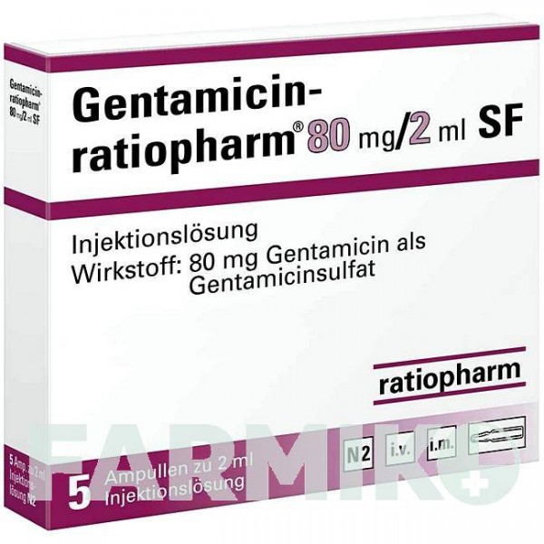 ГЕНТАМІЦИН (GENTAMICIN) 80 мг/2 мл розчин 5 шт - Гентаміцин RATIOPHARM