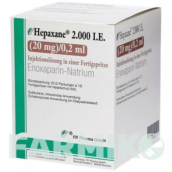 ГЕПАКСАН (HEPAXANE) 2000 МО 20 мг/0,2 мл розчин 20 шт - Еноксапарин ITF PHARMA