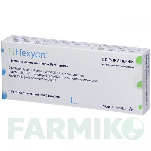 ГЕКСІОН (HEXYON) суспензія 10x0,5 мл - Дифтерія - гемофільна інфекція B - кашлюк - поліомієліт - правець - гепатит B 1 0 1 CAREFARM