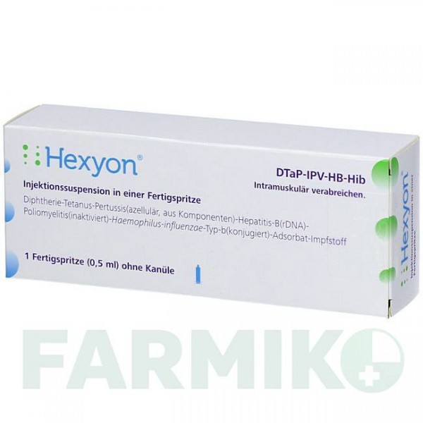 ГЕКСІОН (HEXYON) шприци 10x0,5 мл - Дифтерія - гемофільна інфекція B - кашлюк - поліомієліт - правець - гепатит B AXICORP PHARMA