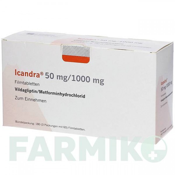 ІКАНДРА (ICANDRA) 50 мг/1000 мг таблетки 3x60 шт - Метформін, Вілдагліптин NOVARTIS