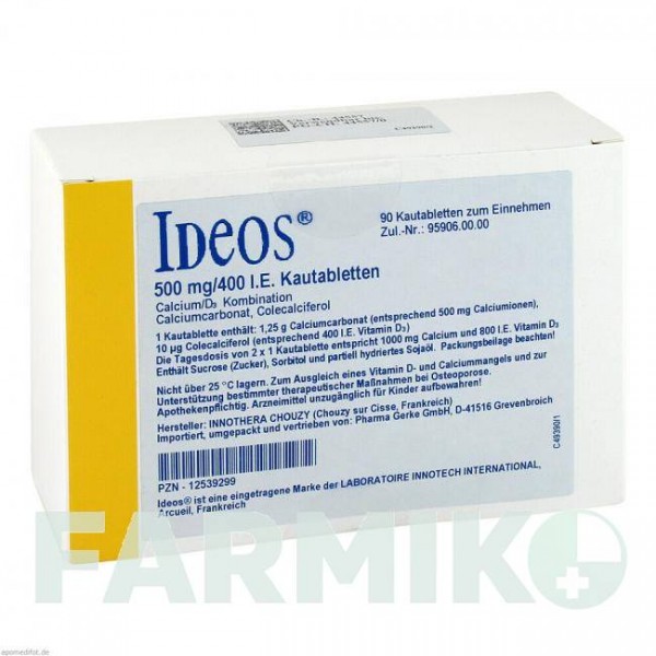 ІДЕОС (IDEOS) 500 мг/400 МО таблетки 90 шт - Кальцію карбонат, Колекальциферол PHARMA GERKE
