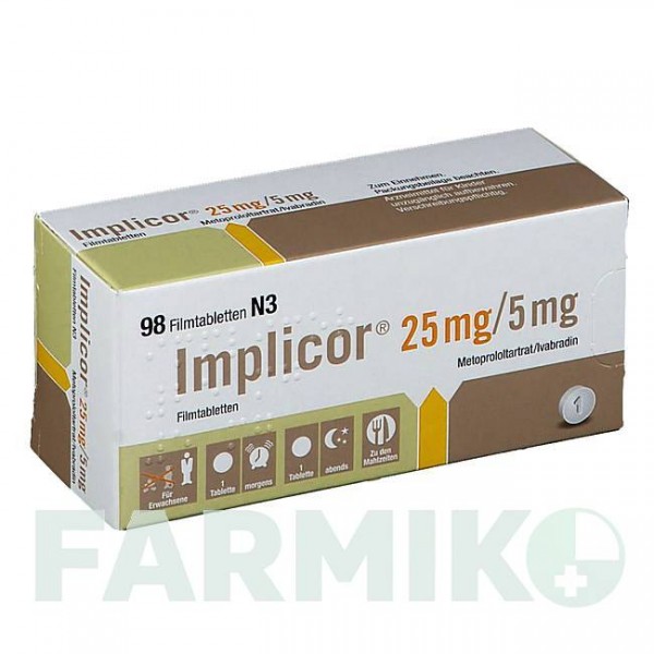 ИМПЛИКОР (IMPLICOR) 25 мг/5 мг таблетки 98 шт - Метопролол, Ивабрадин SERVIER