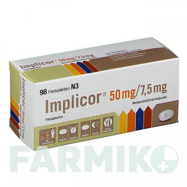 ИМПЛИКОР (IMPLICOR) 50 мг/7,5 мг таблетки 98 шт - Метопролол, Ивабрадин SERVIER