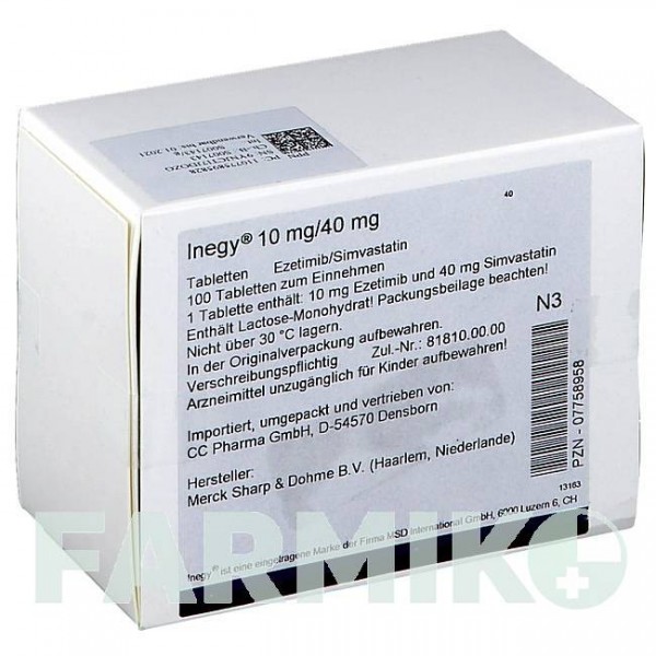 ИНЕДЖИ (INEGY) 10 мг/40 мг таблетки 100 шт - Симвастатин, Эзетимиб CC PHARMA