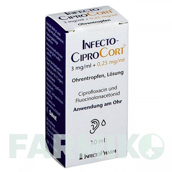 ІНФЕКТОЦИПРОКОРТ (INFECTOCIPROCORT) 3 мг/мл + 0,25 мг/мл краплі 10 мл - Флуоцинолон, Ципрофлоксацин INFECTOPHARM