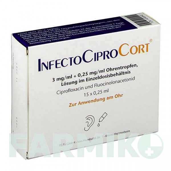 ИНФЕКТОЦИПРОКОРТ (INFECTOCIPROCORT) 3 мг/мл + 0,25 мг/мл капли 15x0,25 мл - Флуоцинолон, Ципрофлоксацин PADIA
